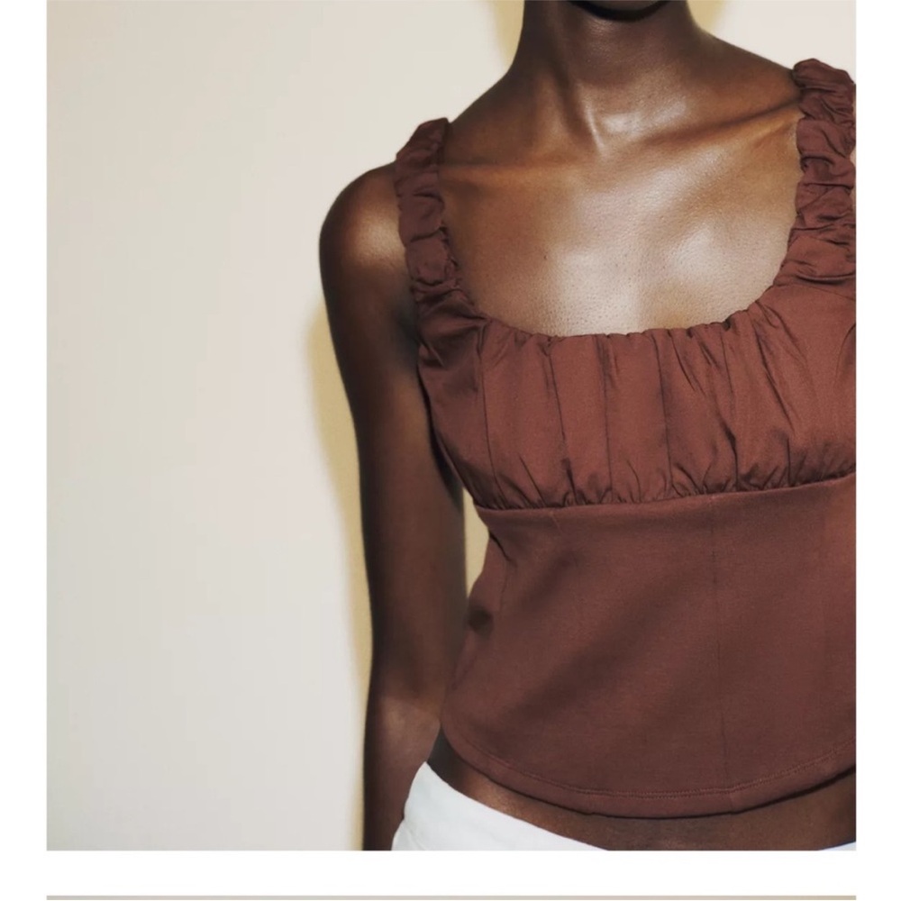 NWT Zara Brown Mixed Interlock Poplin Ruched Crop Top - Picture 2 of 7